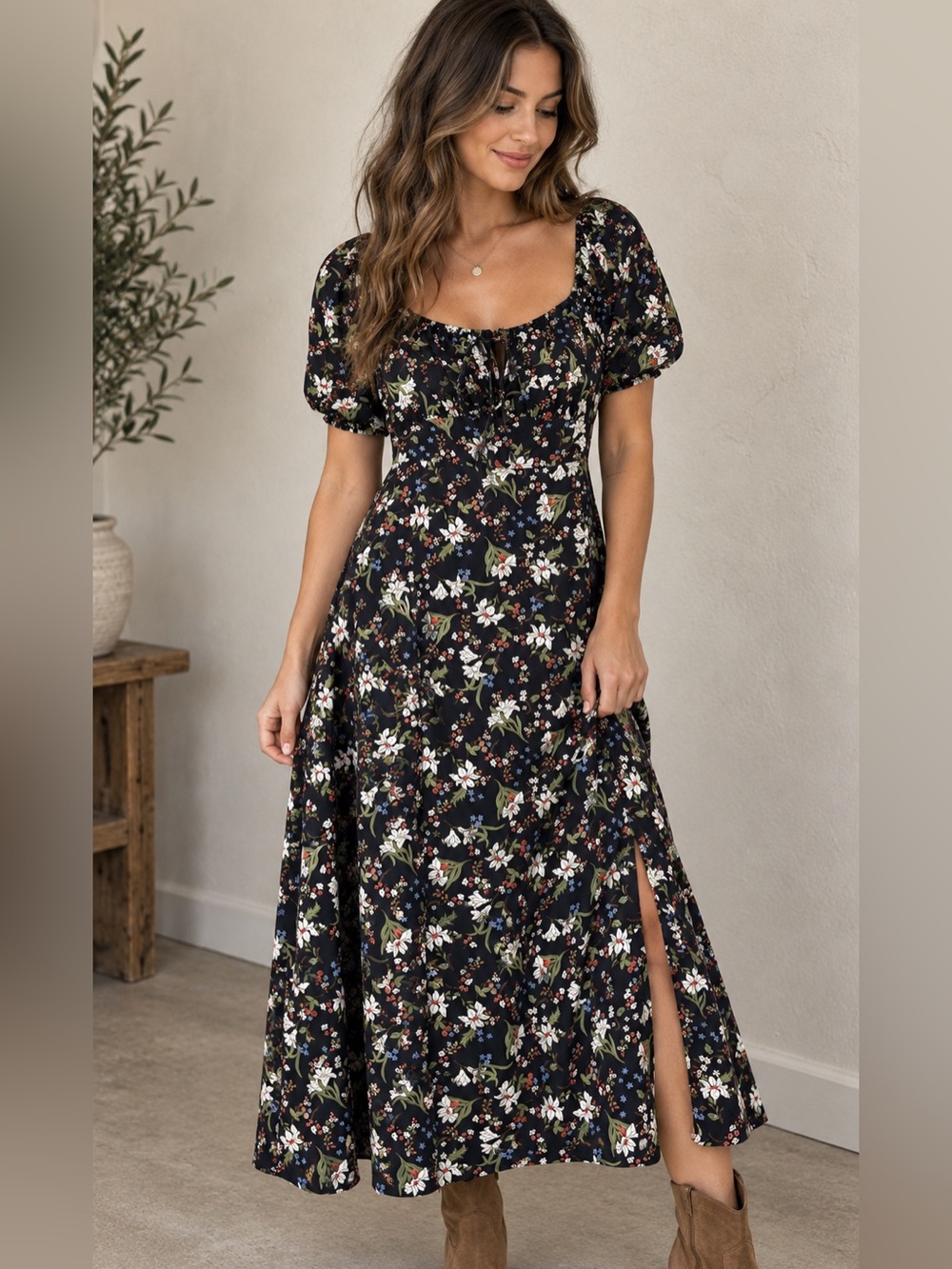 Black Floral Maxi Dress with Puff Sleeves